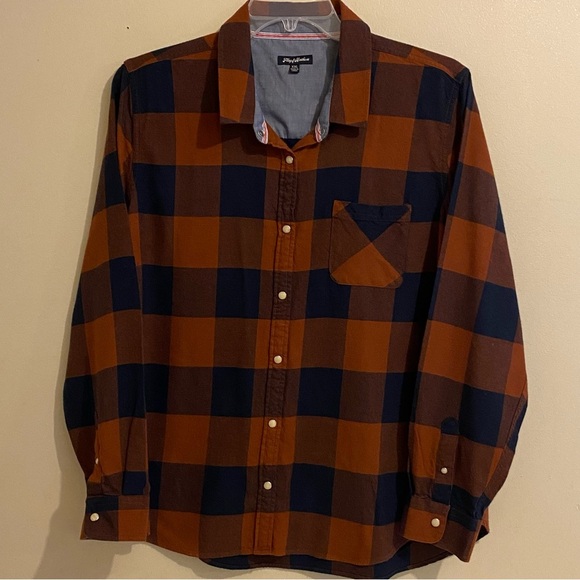 Flag & Anthem Women’s Pearl Snap Shirt XXL Plaid Rust/ Blue Pocket - Picture 1 of 11